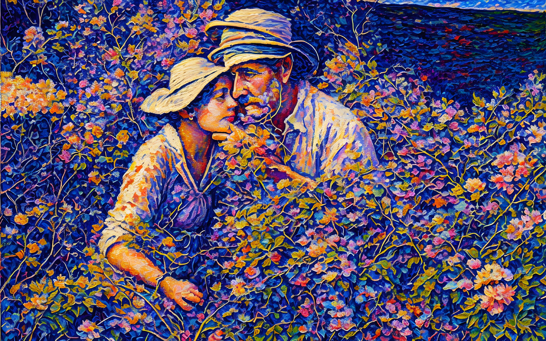 Colorful painting: Couple embracing in flower field with expressive brushstrokes