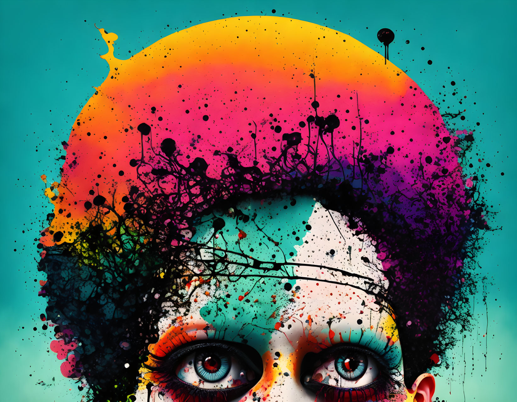 Colorful abstract portrait of a woman on teal background with paint splashes.