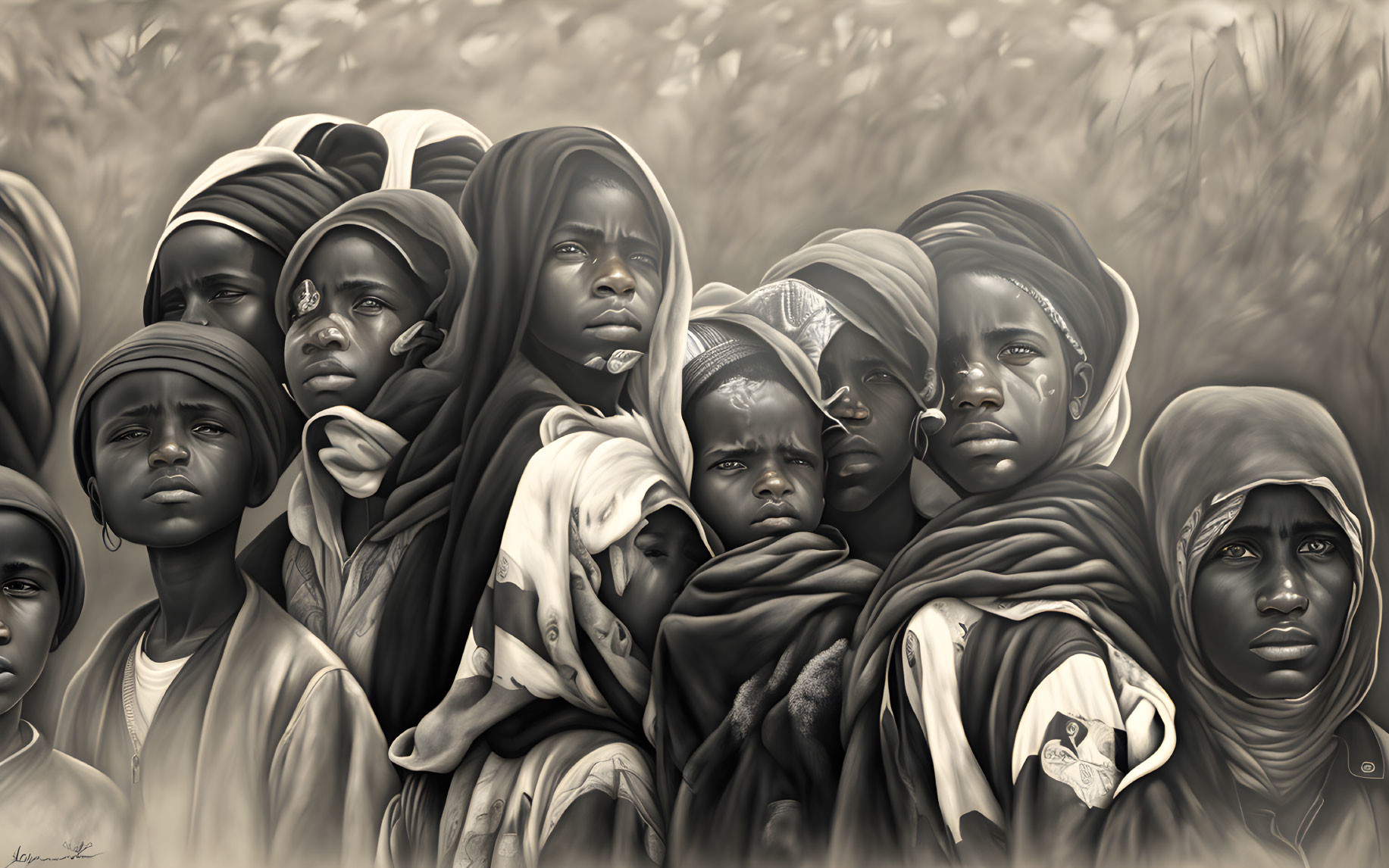 Sepia-Toned Image of Young Children in Headscarves