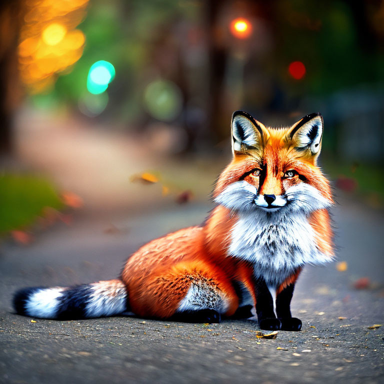 Red Fox Sitting on Paved Path with Autumn Leaves and Bokeh Lights