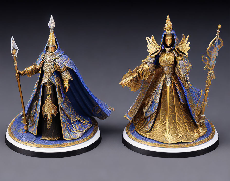 Ornate armored knight statuettes with blue and gold details on grey background