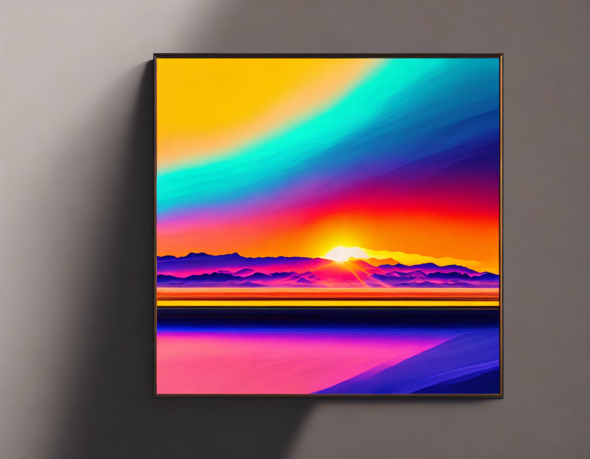 Colorful Abstract Painting: Sunset Over Mountains in Blue, Orange, and Yellow