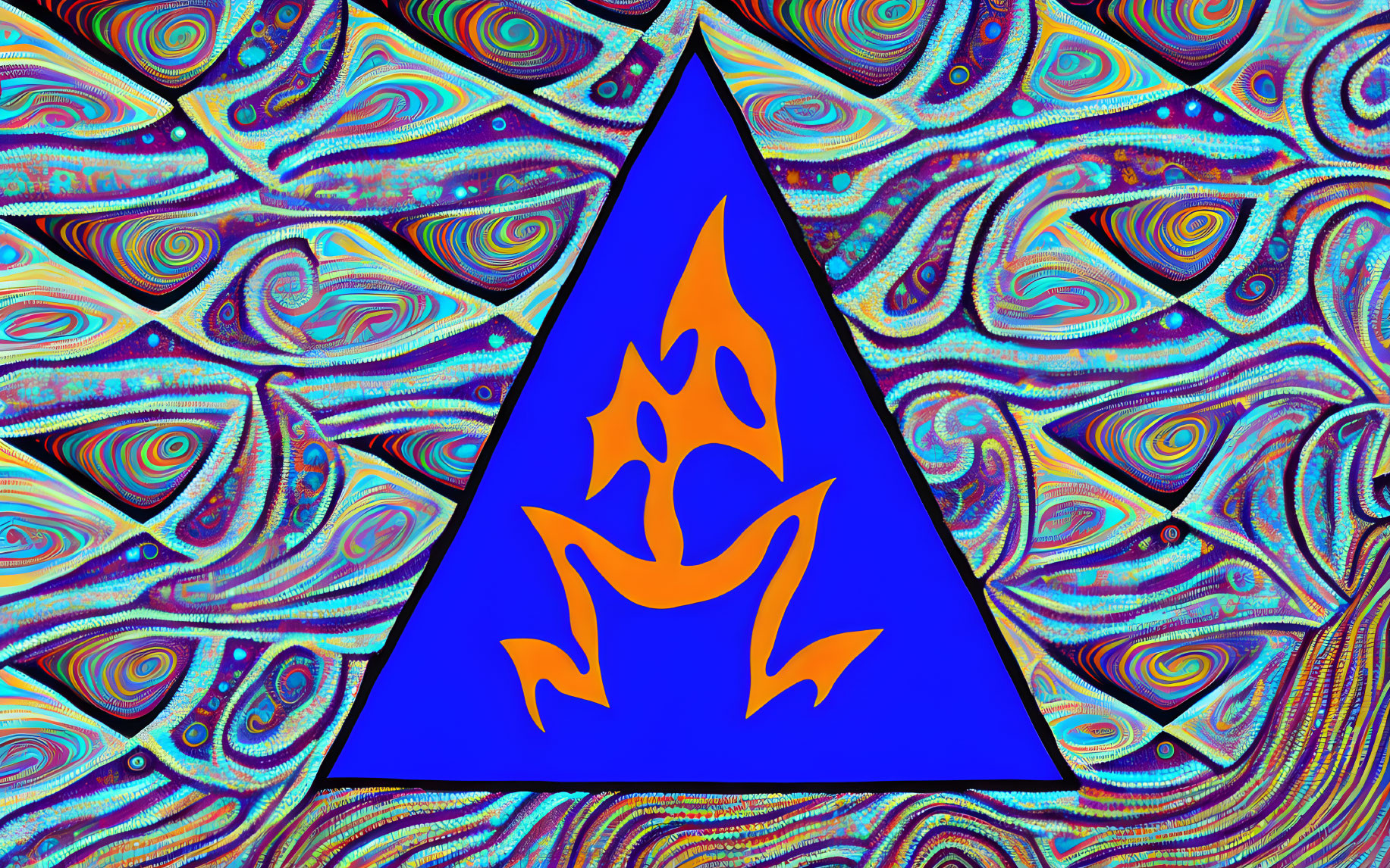 Abstract Blue Triangle with Yellow Flame Design on Psychedelic Swirl Background