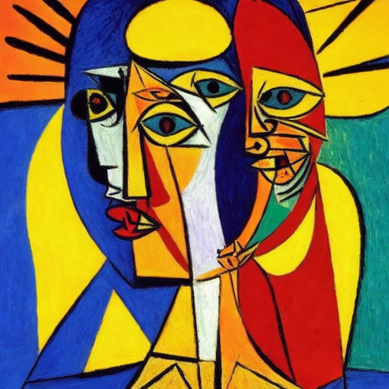 Vibrant Cubist-style artwork of a woman with abstract facial features and multiple eyes in yellow,