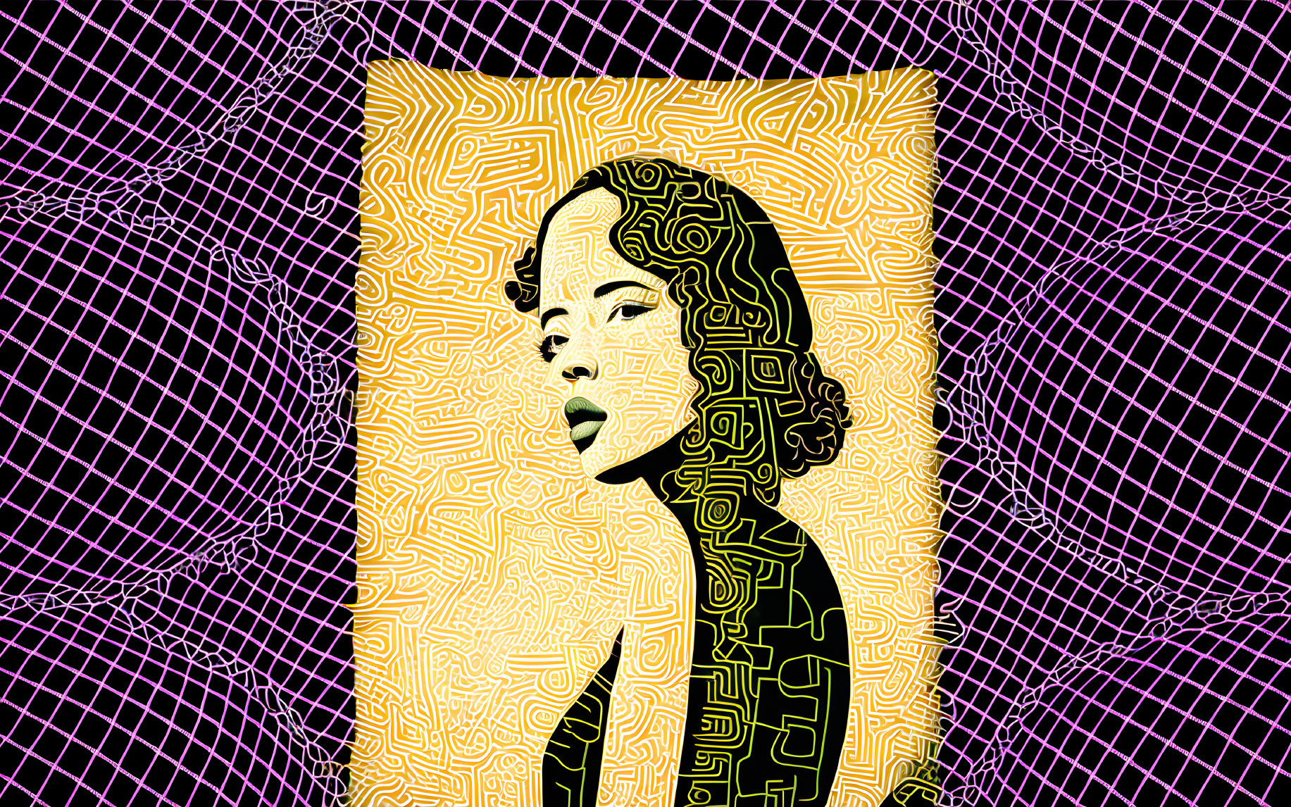 Illustrative portrait of woman with circuit-patterned hair on purple background with white grid