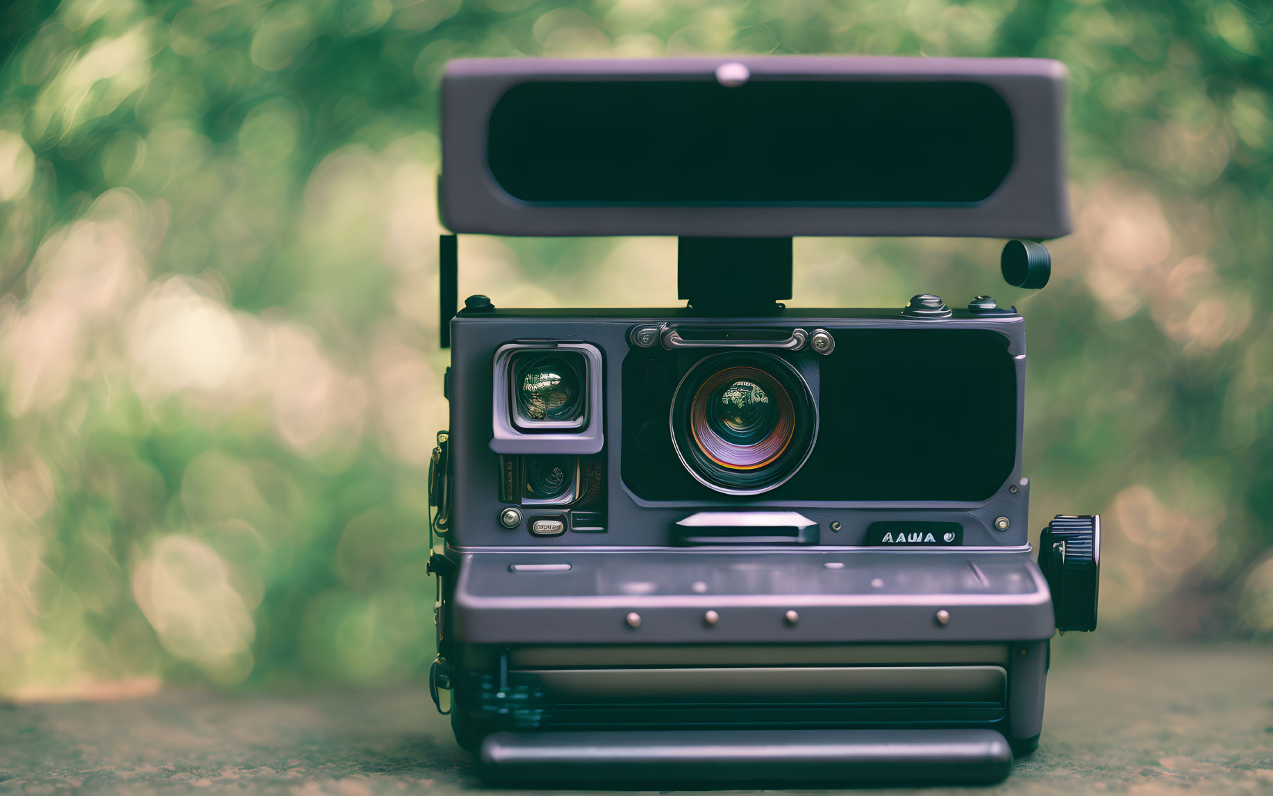 Vintage Instant Film Camera with Top Flash Unit on Blurred Green Background