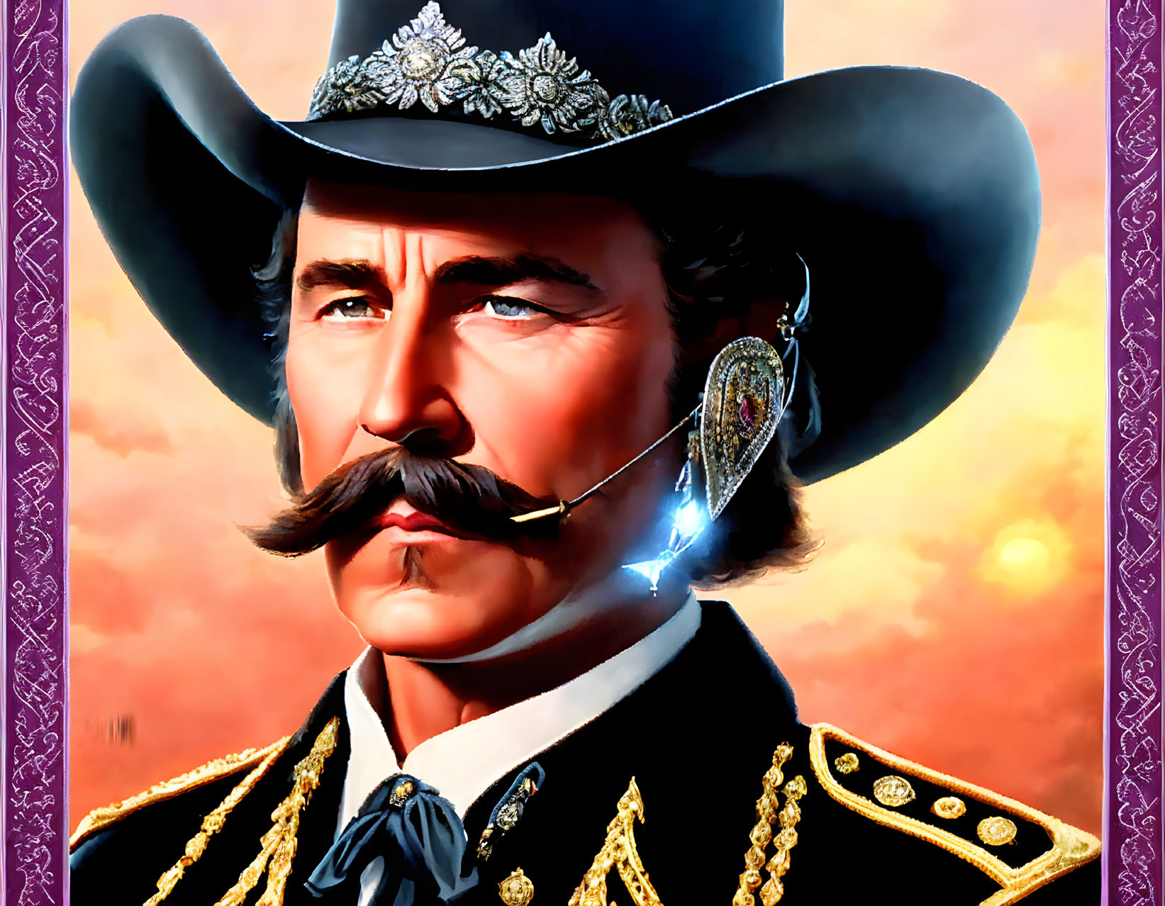 Detailed illustration of stern-faced man in large mustache, cowboy hat, Mariachi outfit, and e