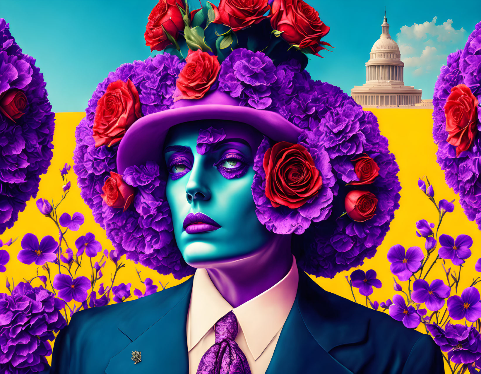 Surreal portrait of person with blue skin in purple attire and roses on yellow background.