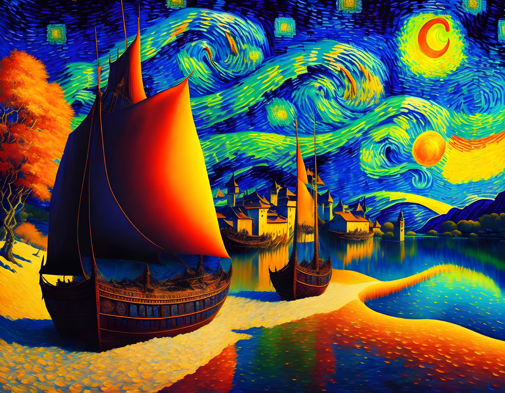 Colorful Van Gogh-style painting: blue skies, stars, crescent moon, red-sailed