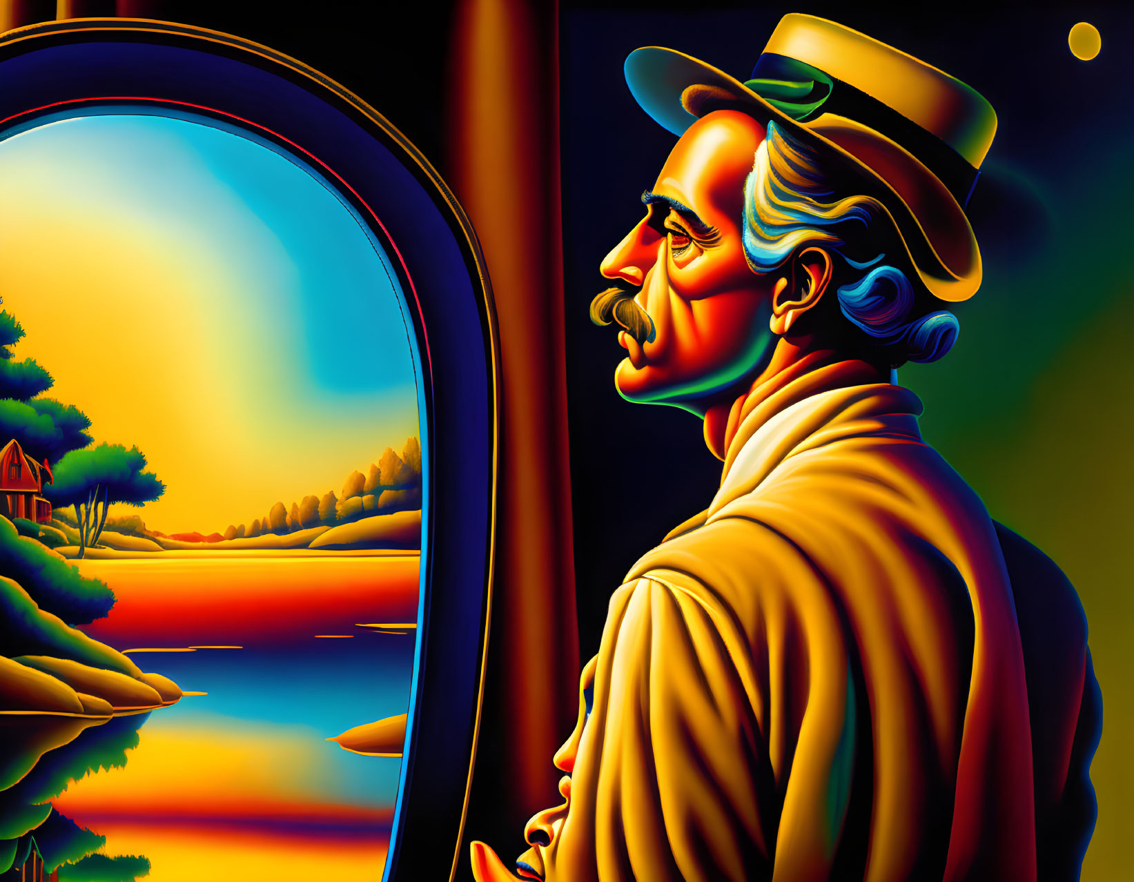 Colorful surrealist artwork: Man's profile with nose as woman's silhouette against sunset landscape