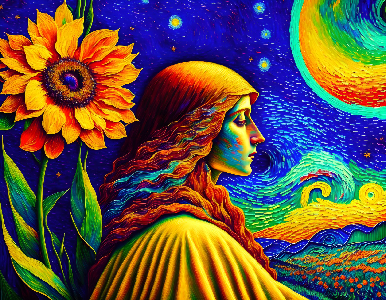 Colorful artwork: woman with flowing hair, sunflower, swirling night sky