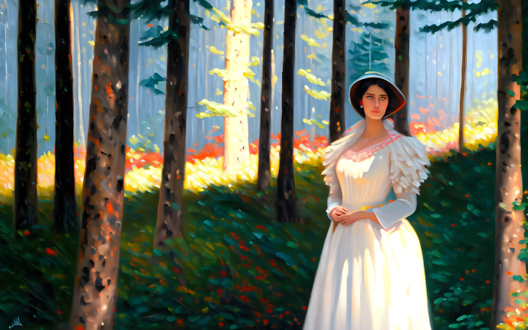 Vintage Woman in White Dress and Bonnet in Sunlit Autumn Forest