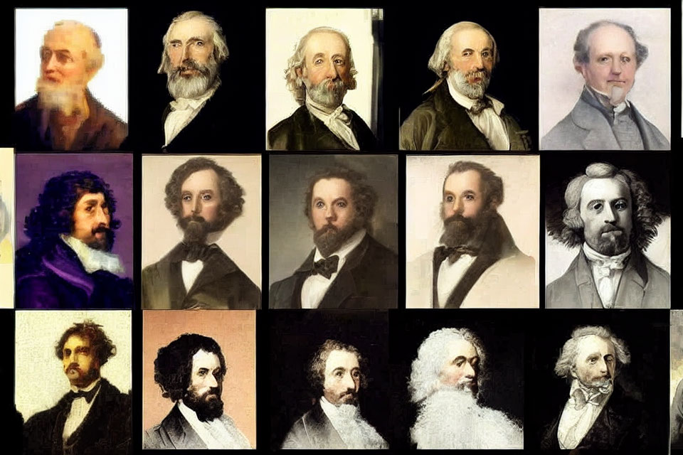 Collage of 12 historic male figures in 19th-century attire with unique facial hair