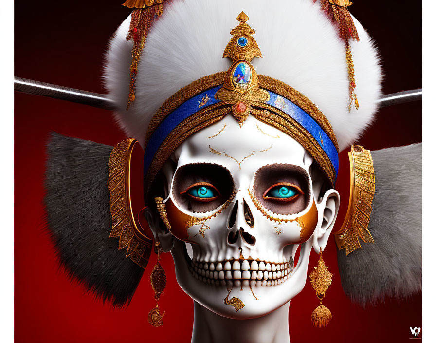 Ornate headdress with gold jewelry on skeletal figure against red background