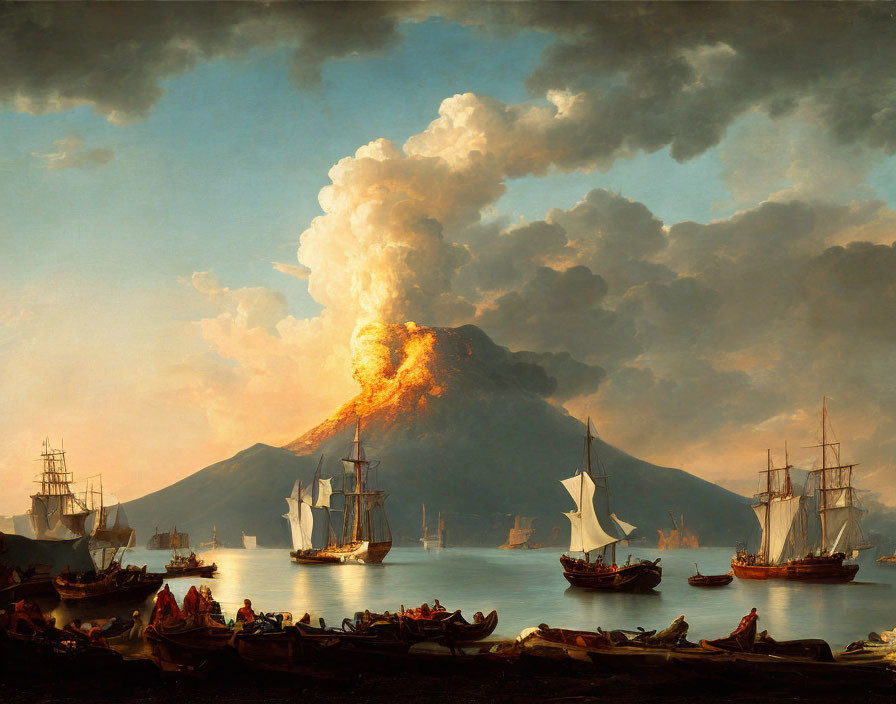 Volcanic eruption painting with ships and onlookers