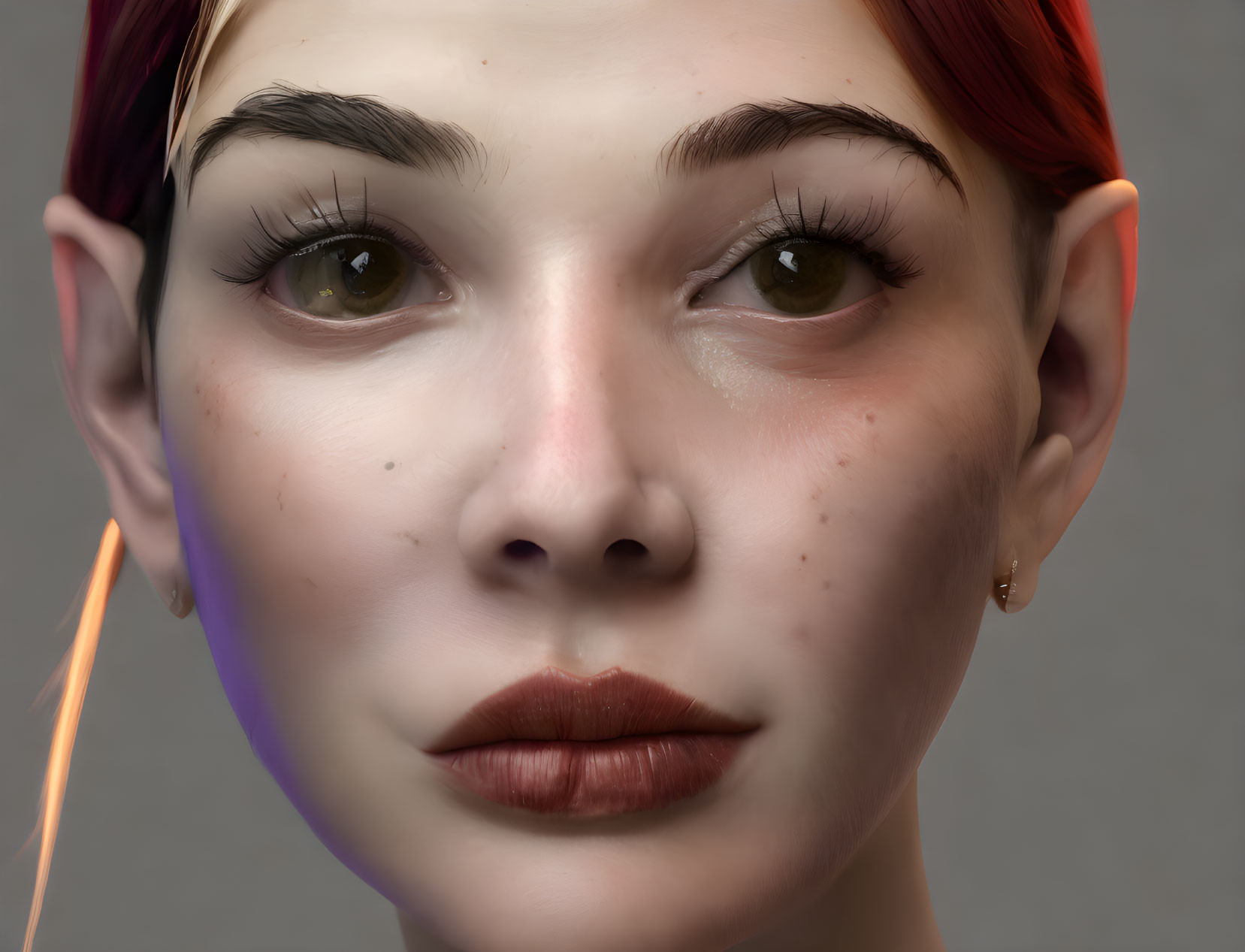 Detailed Close-Up of Female Face with Red Hair and Elf-Like Ears