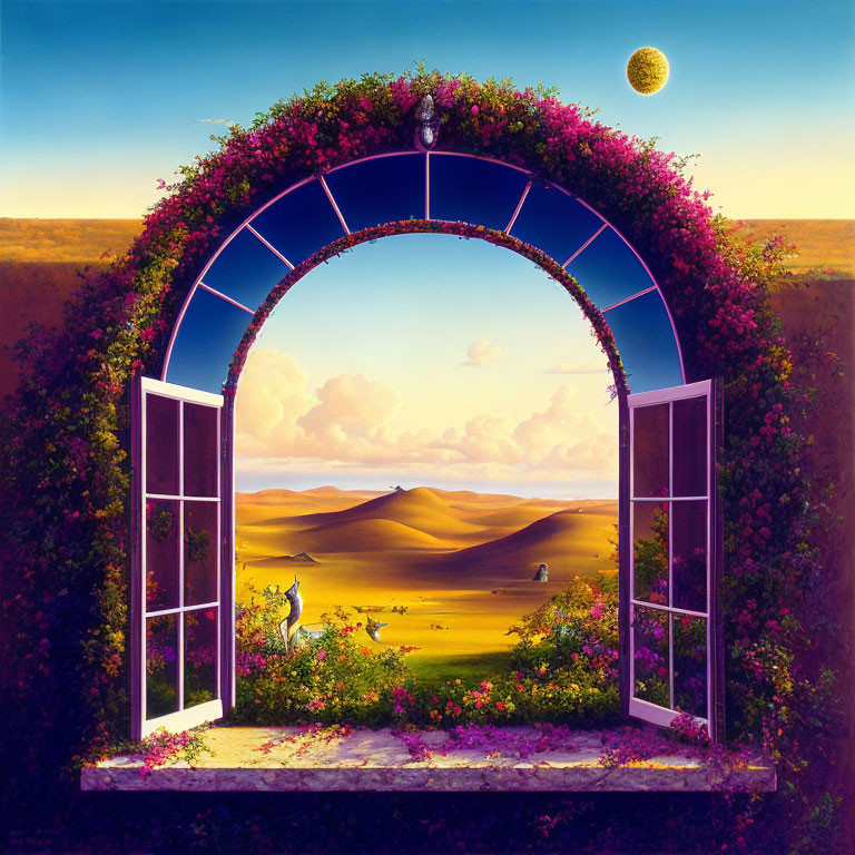 Arched doorway with flowers opens to desert landscape at twilight