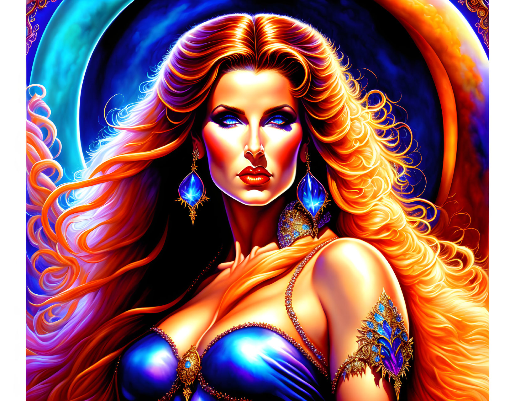 Colorful digital artwork: Woman with orange hair and blue earrings in ornate attire against cosmic background