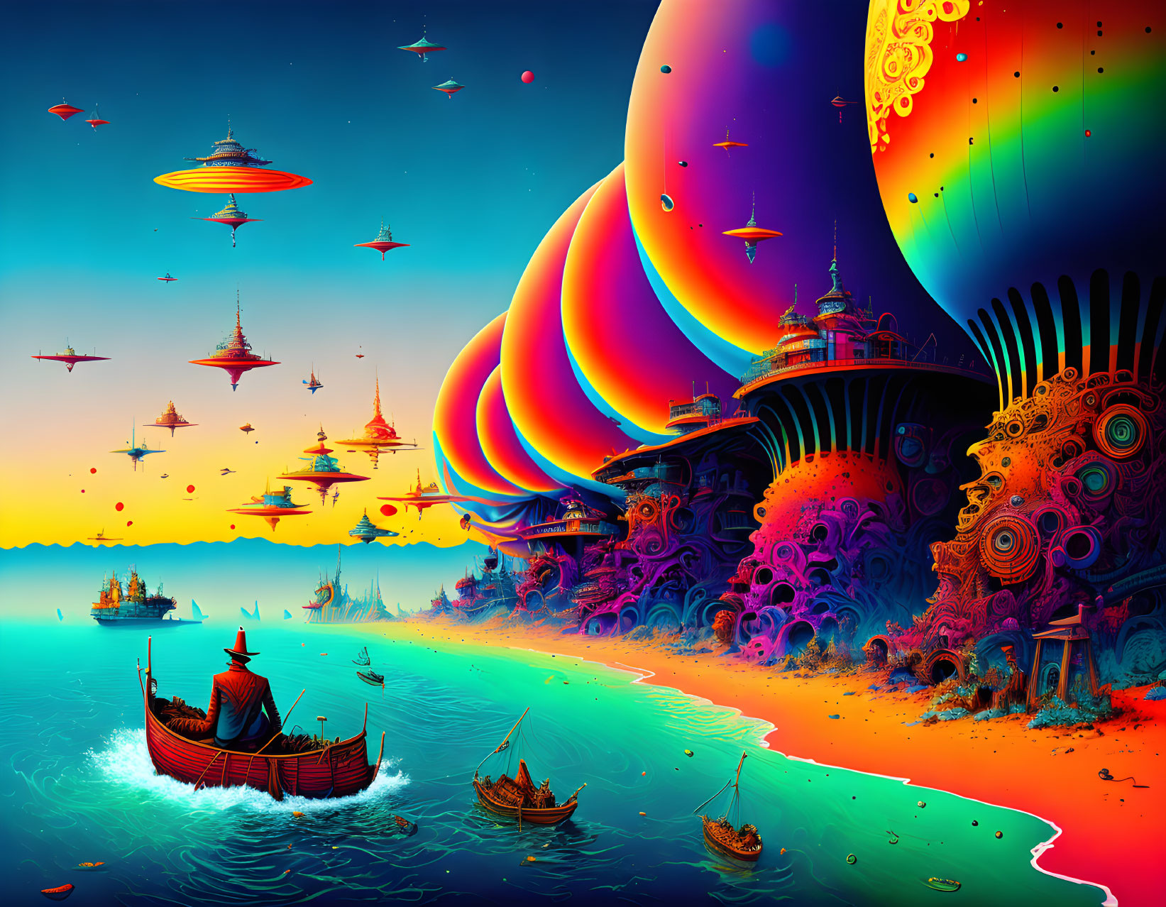 Colorful Surreal Seascape with Ships, Alien Structures, and Flying Saucers