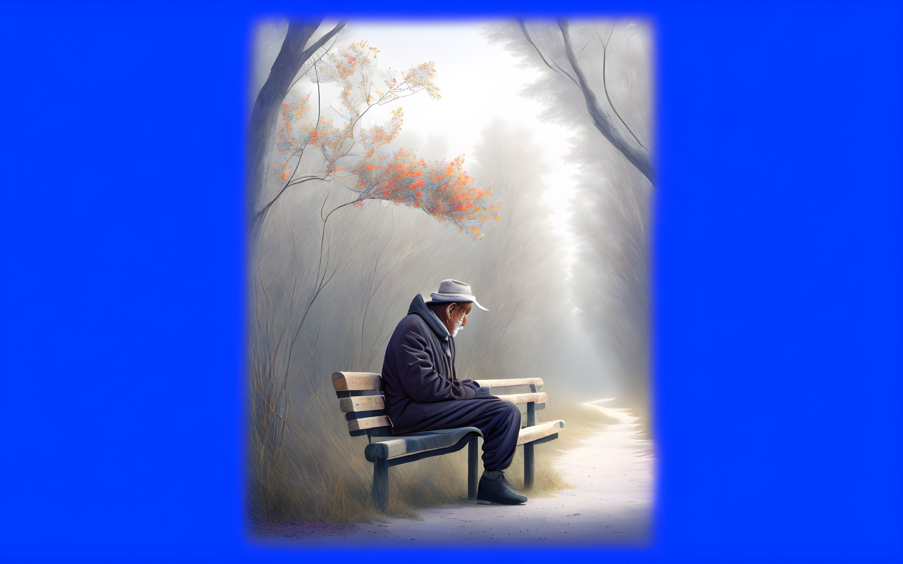 Figure in Trench Coat and Hat on Bench in Misty Forest