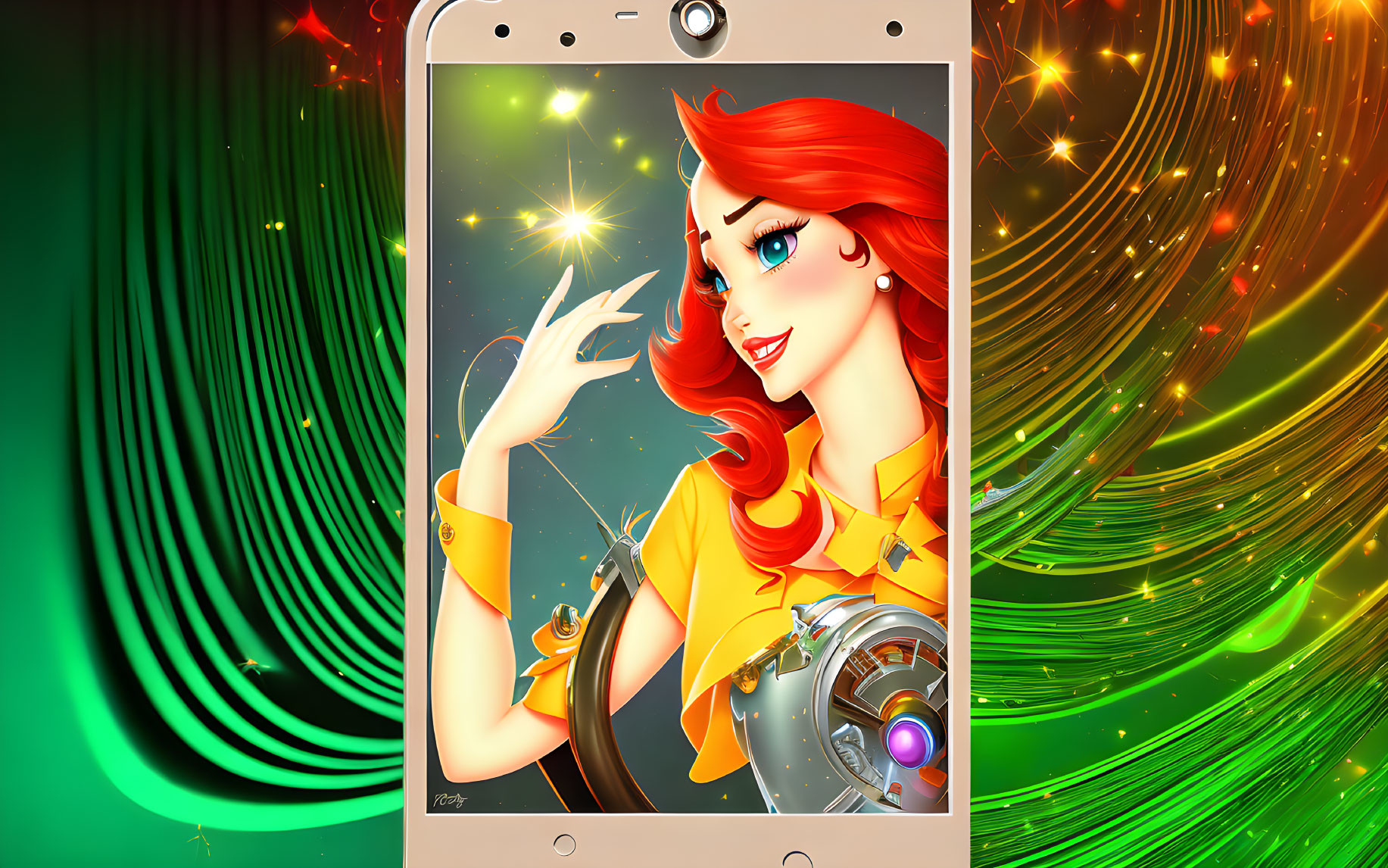 Red-haired woman with futuristic gadget in digital artwork