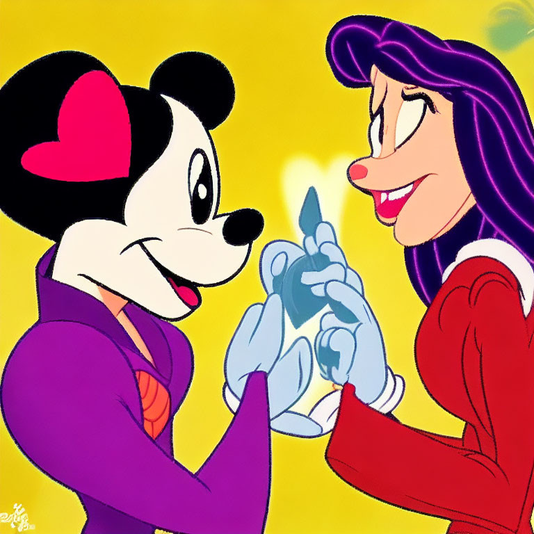 Animated characters in suit and red dress with heart spot, gazing affectionately.