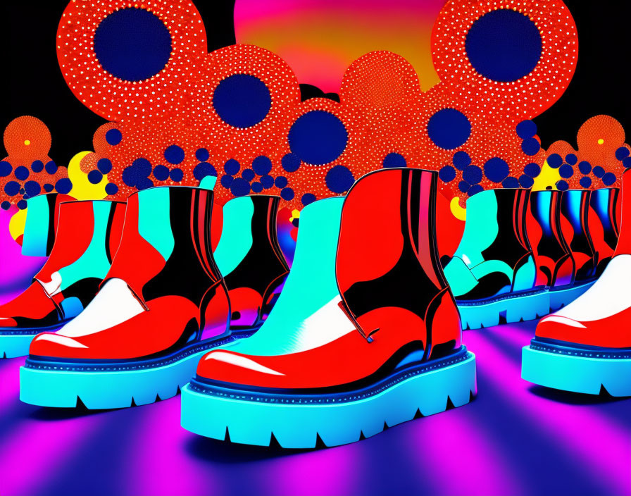 Chunky Platform Boots in Vibrant Red & Black Design on Psychedelic Background