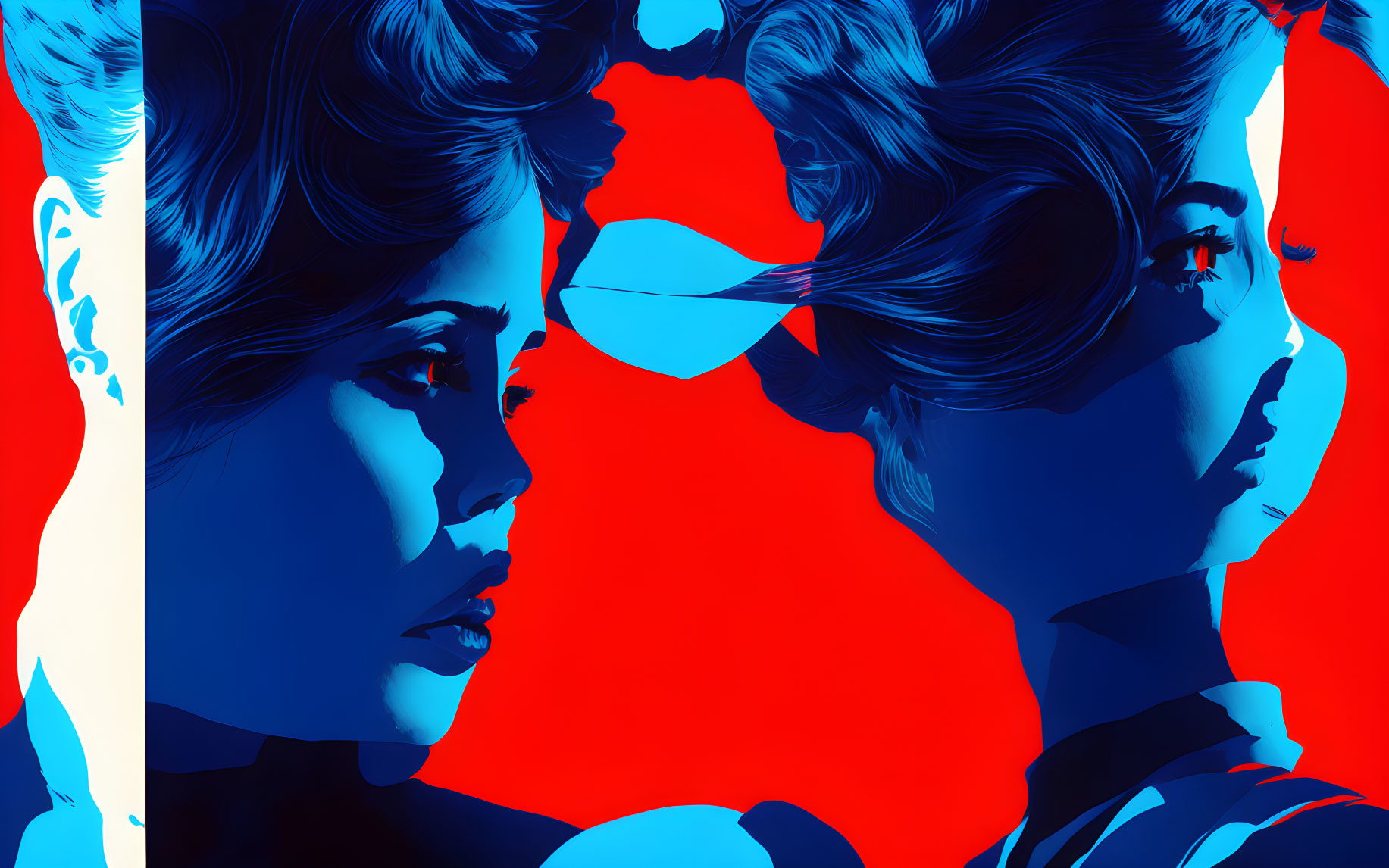 Vivid digital artwork: Two women profiles in blue on red background