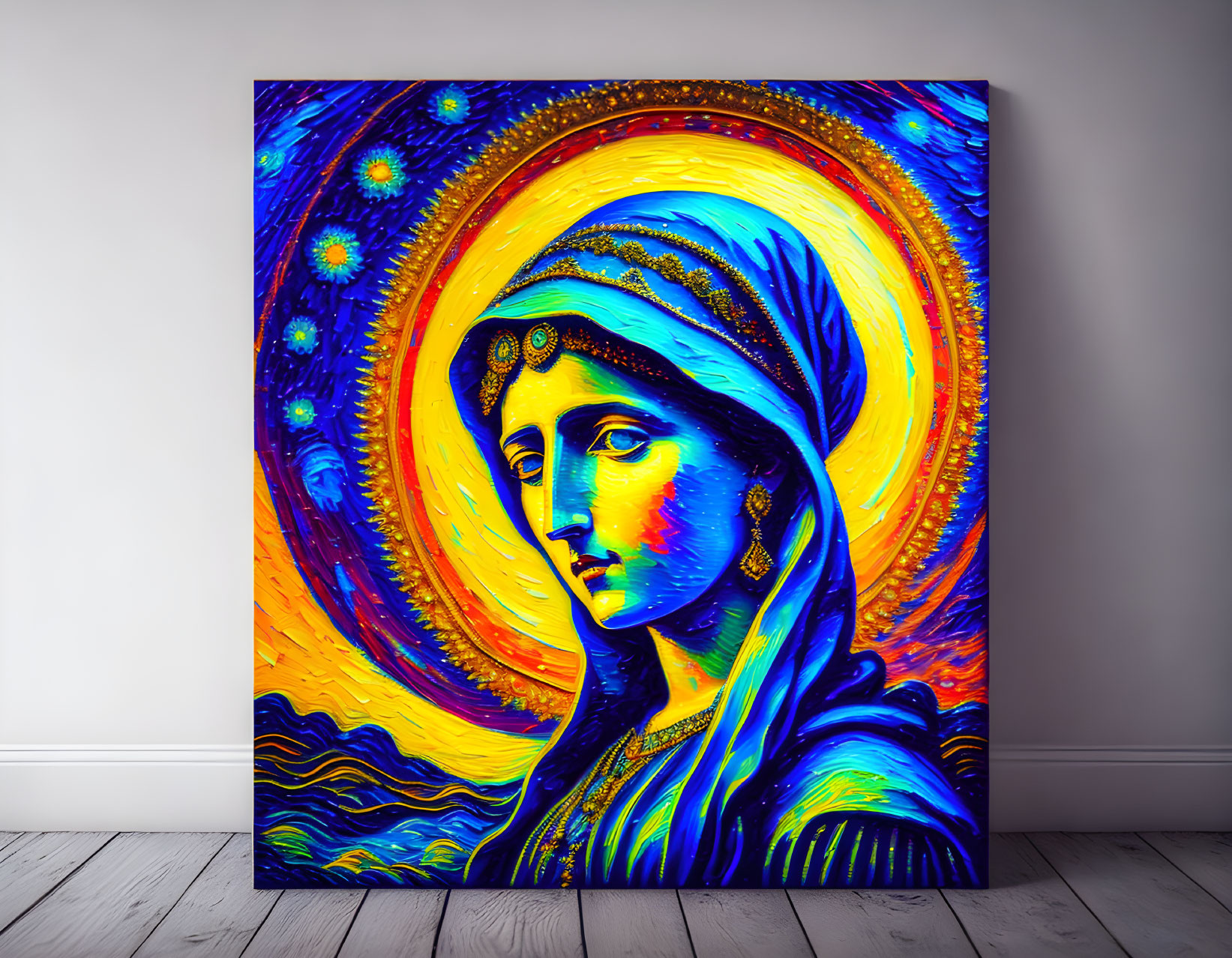 Colorful painting of a woman with halo in bold patterns and vivid colors in white room