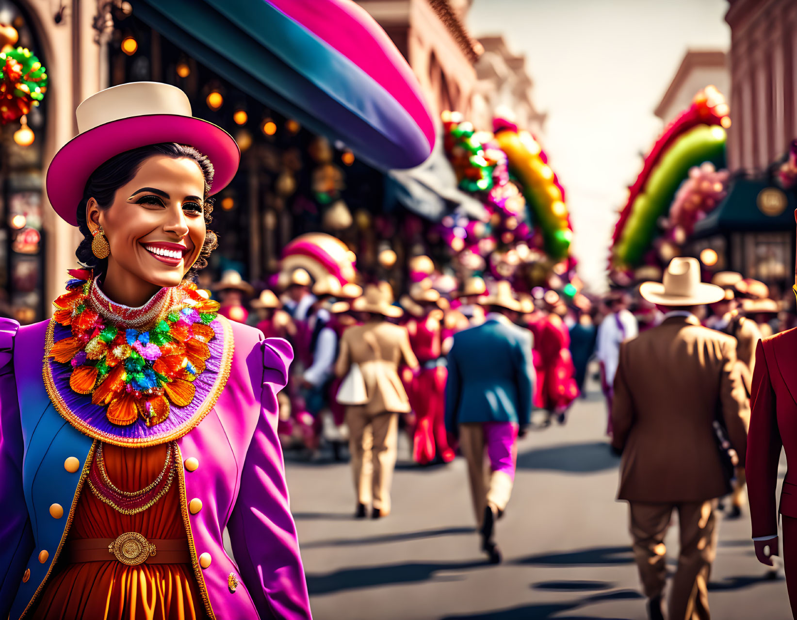 Colorful street parade with smiling woman in costume and blurred participants.