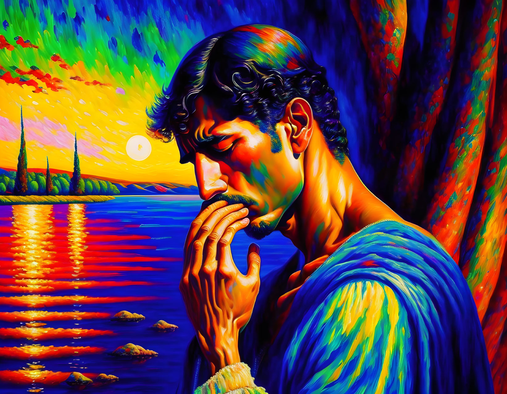 Colorful painting: contemplative man by lakeside at sunset