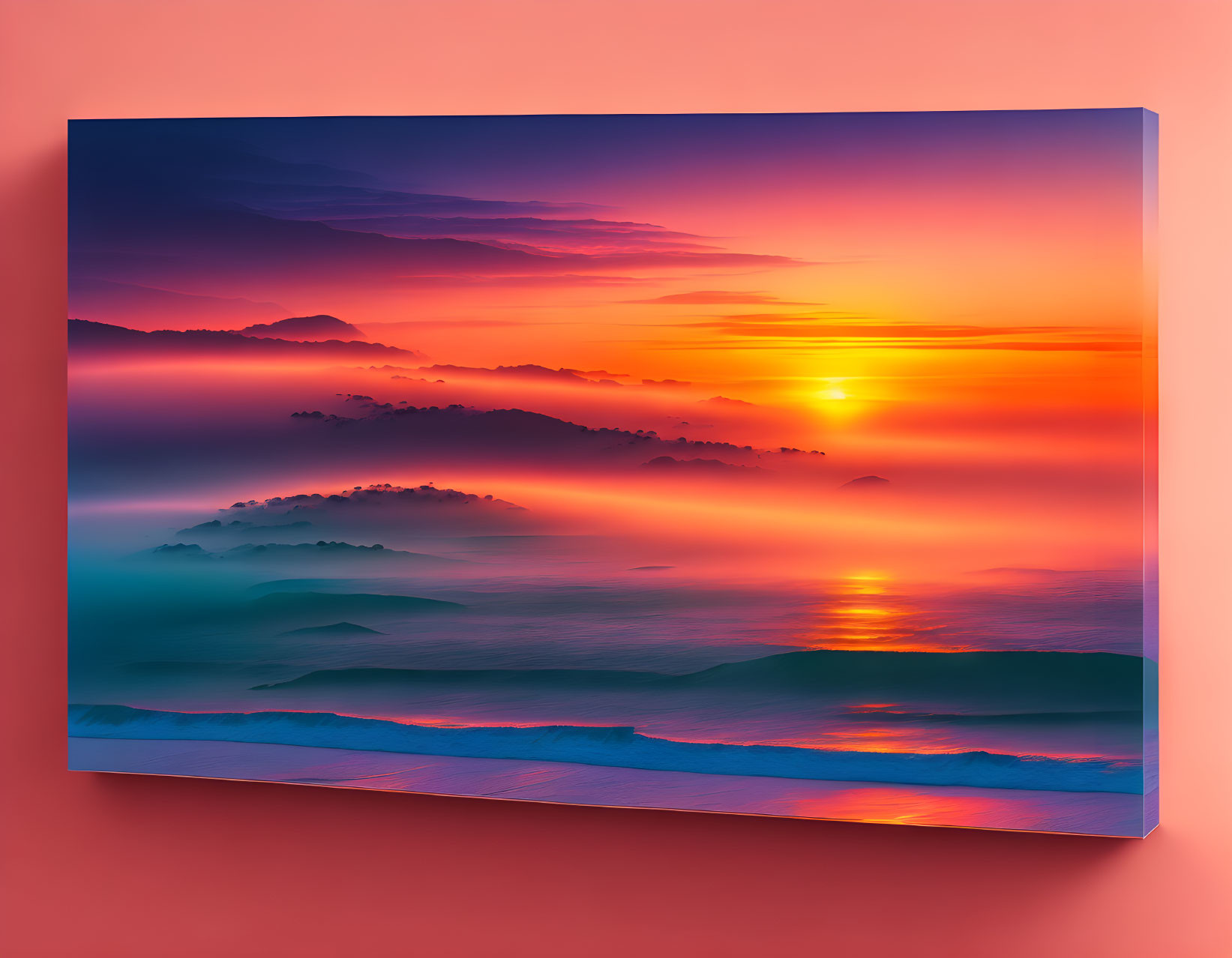 Vibrant Sunset Canvas Print Over Misty Mountain Landscape