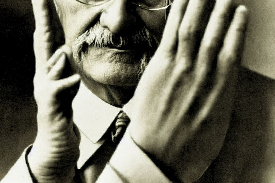 Sepia-toned close-up photo of man with mustache, glasses, tie, and suit covering