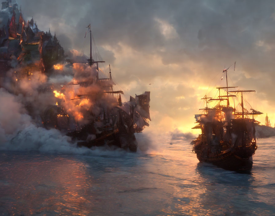 Old sailing ships in fiery sea battle with dramatic sunset and cliff fortress.