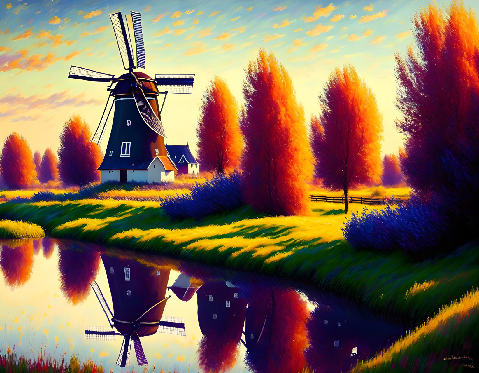 Traditional Dutch windmill by river with autumn trees and sunset reflection