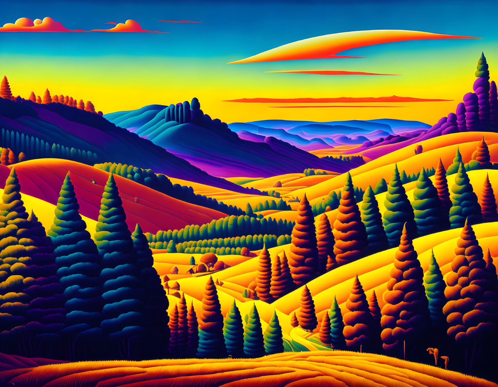 Scenic landscape with rolling hills, coniferous trees, and sunset sky