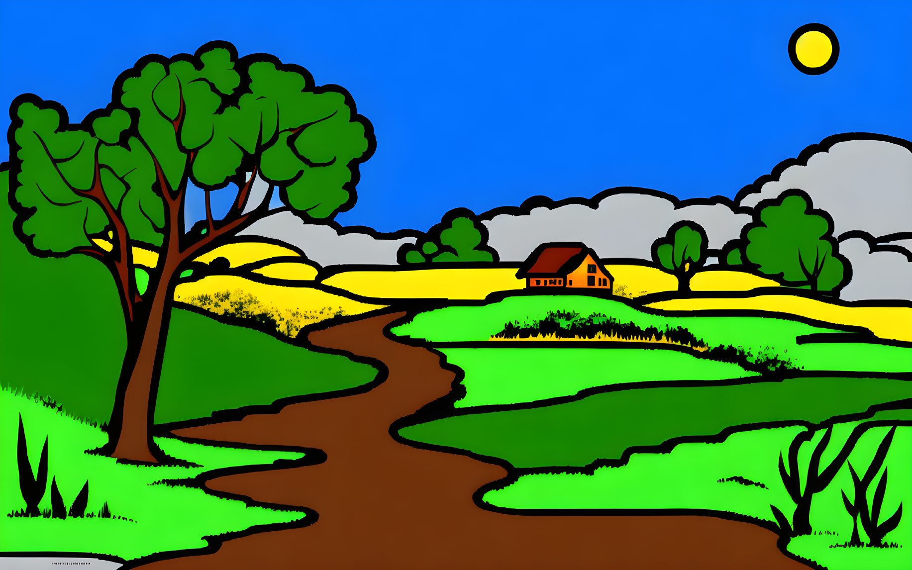 Vibrant countryside cartoon drawing with winding path and small house