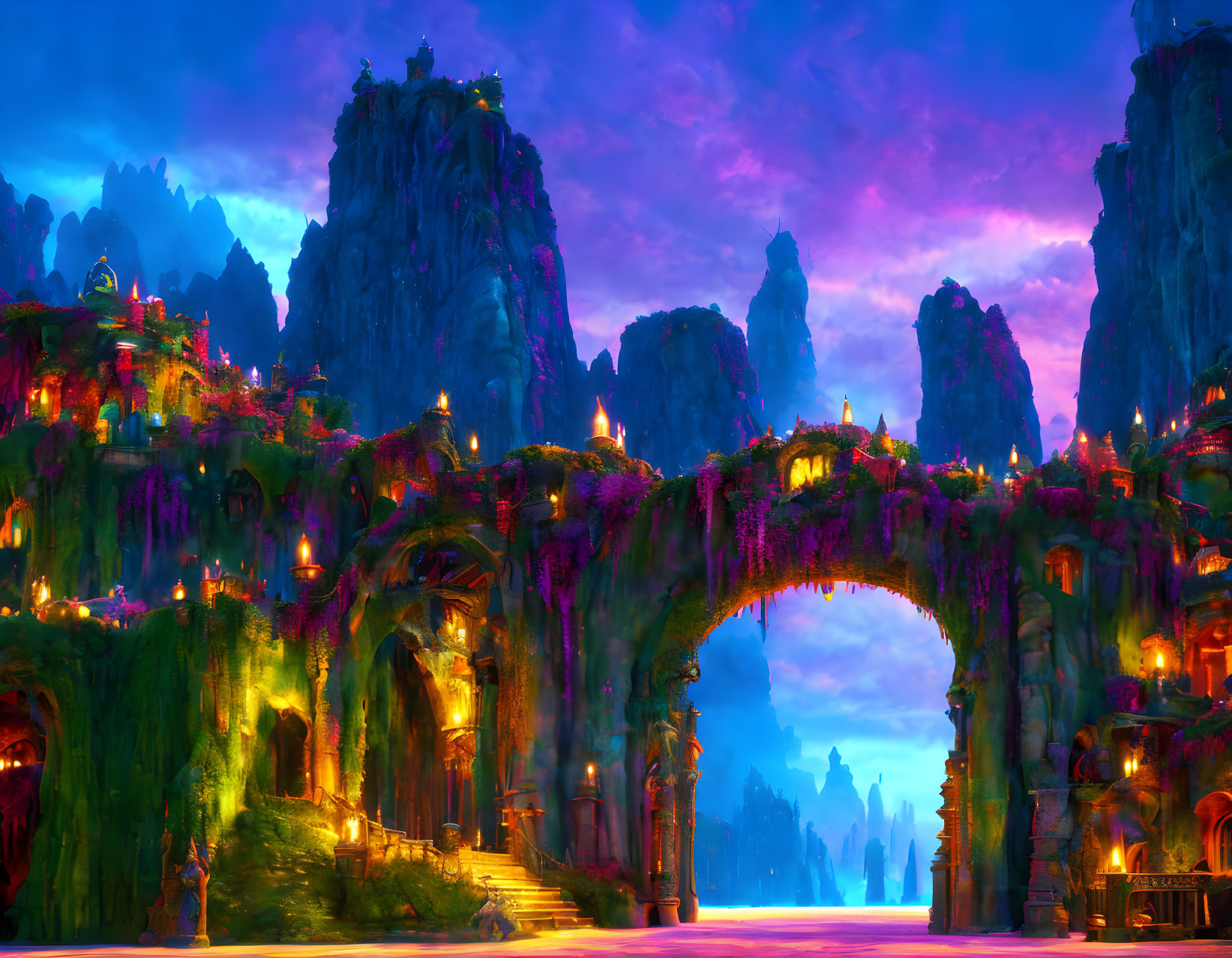 Mystical fantasy landscape with ancient ruins under purple sky