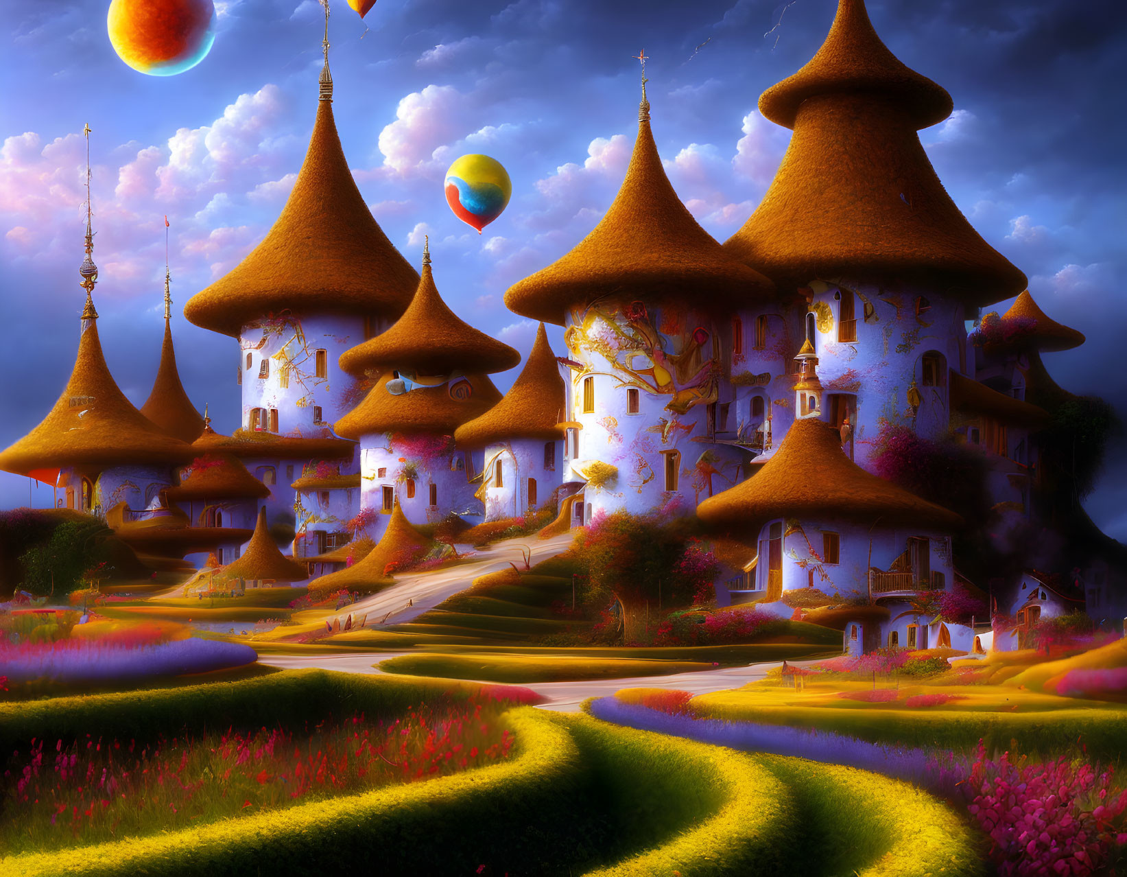 Colorful Mushroom Buildings and Floating Orbs in Fantasy Landscape