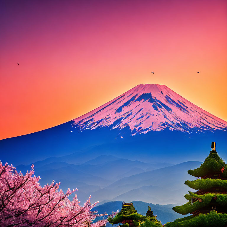 Scenic sunset view of Mount Fuji with cherry blossoms, pagoda silhouettes, and flying