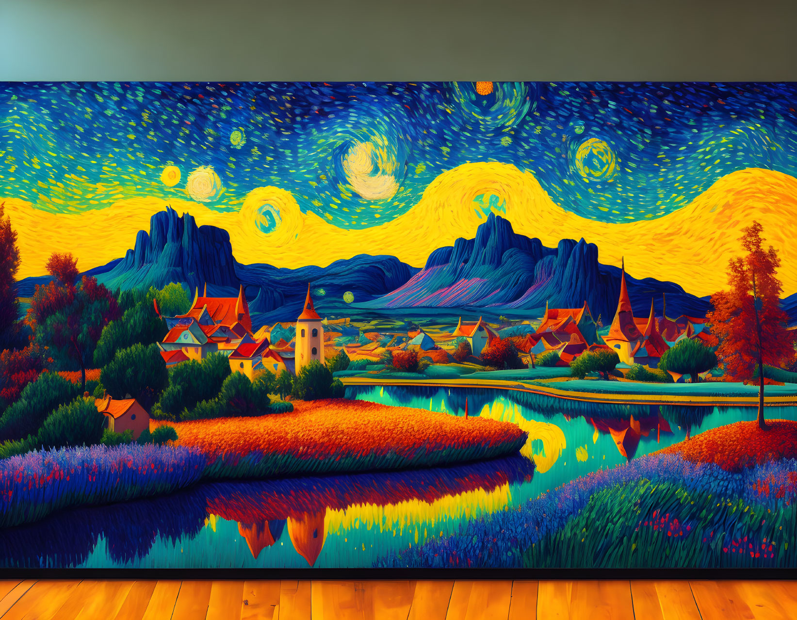 Colorful wall mural of swirling skies, village, river, hills