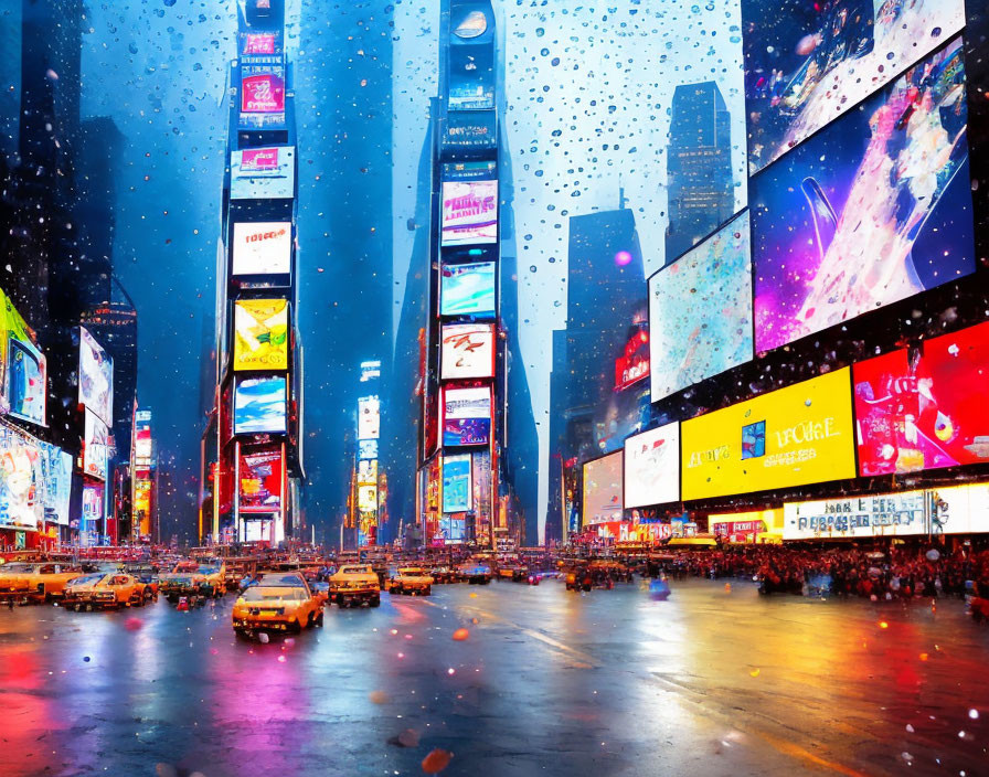 Vibrant neon billboards and busy traffic in rain-splattered Times Square