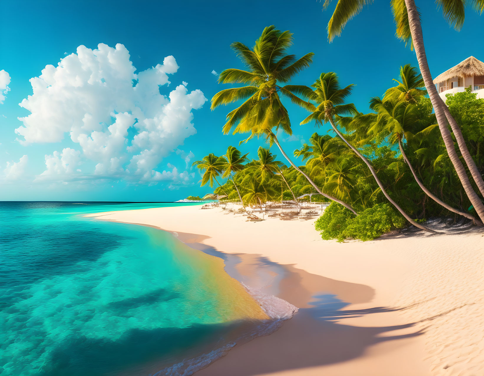 Idyllic Tropical Beach Scene with Palm Trees & Hut