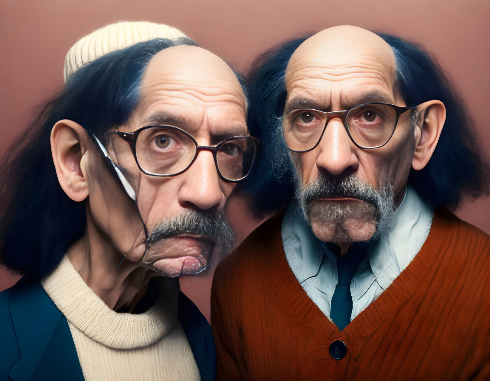 Elderly Male Caricatures in Glasses and Warm Clothing Gazes at Camera