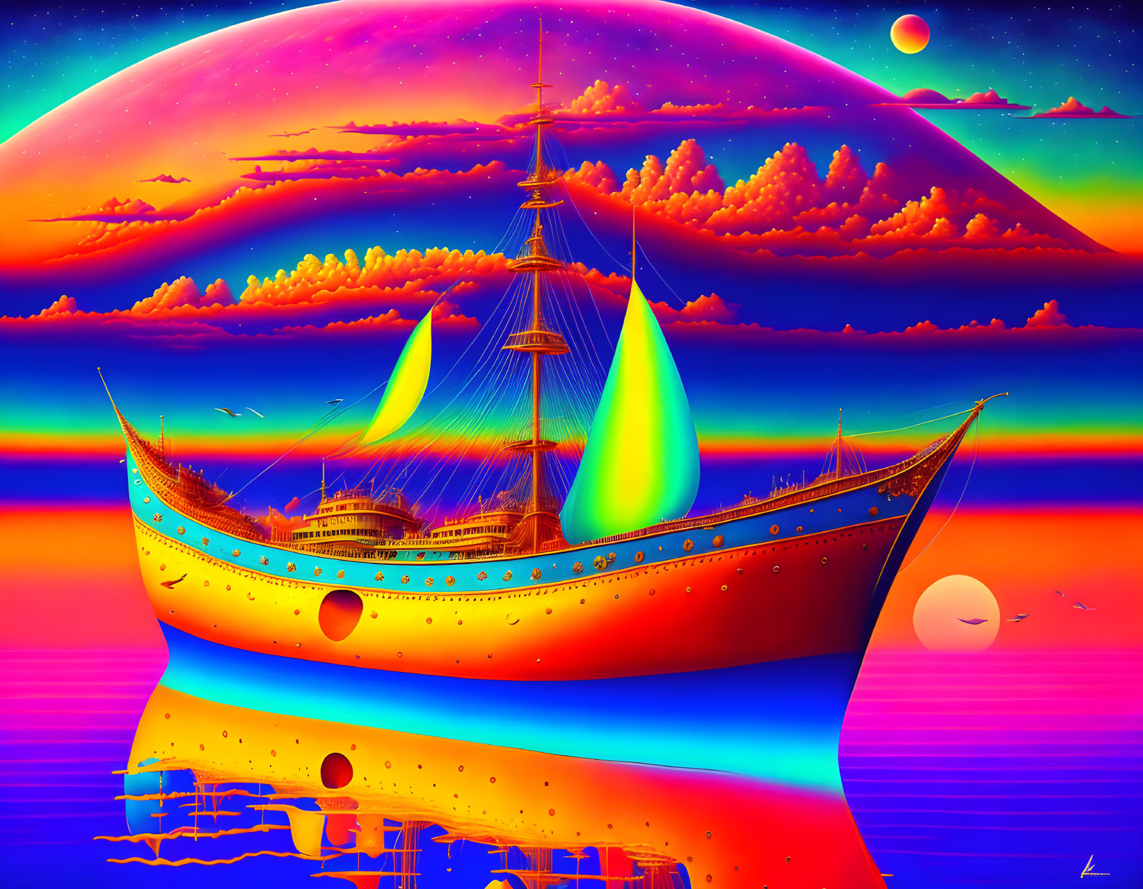 Colorful surreal artwork: sailing ship on reflective ocean under multicolored skies