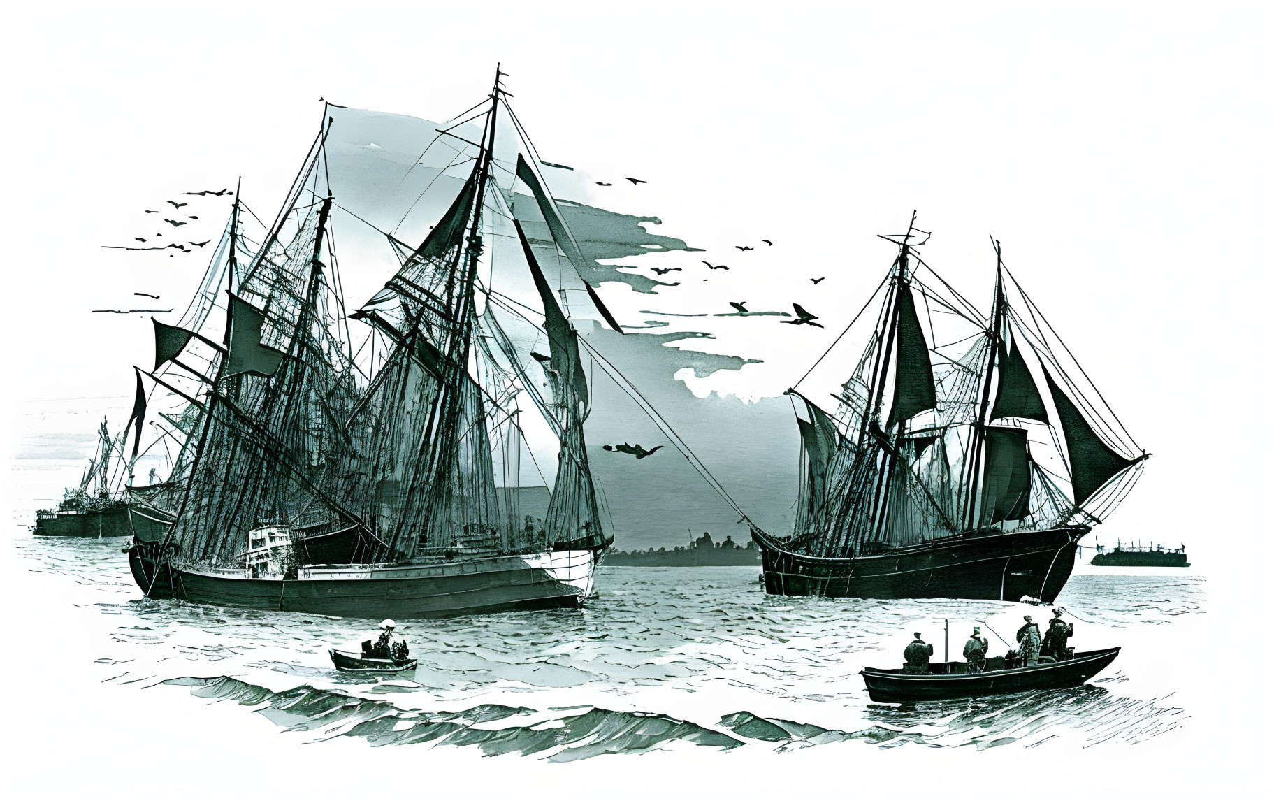 Detailed vintage illustration of tall ships, rowboats in foreground, and distant steamships on horizon