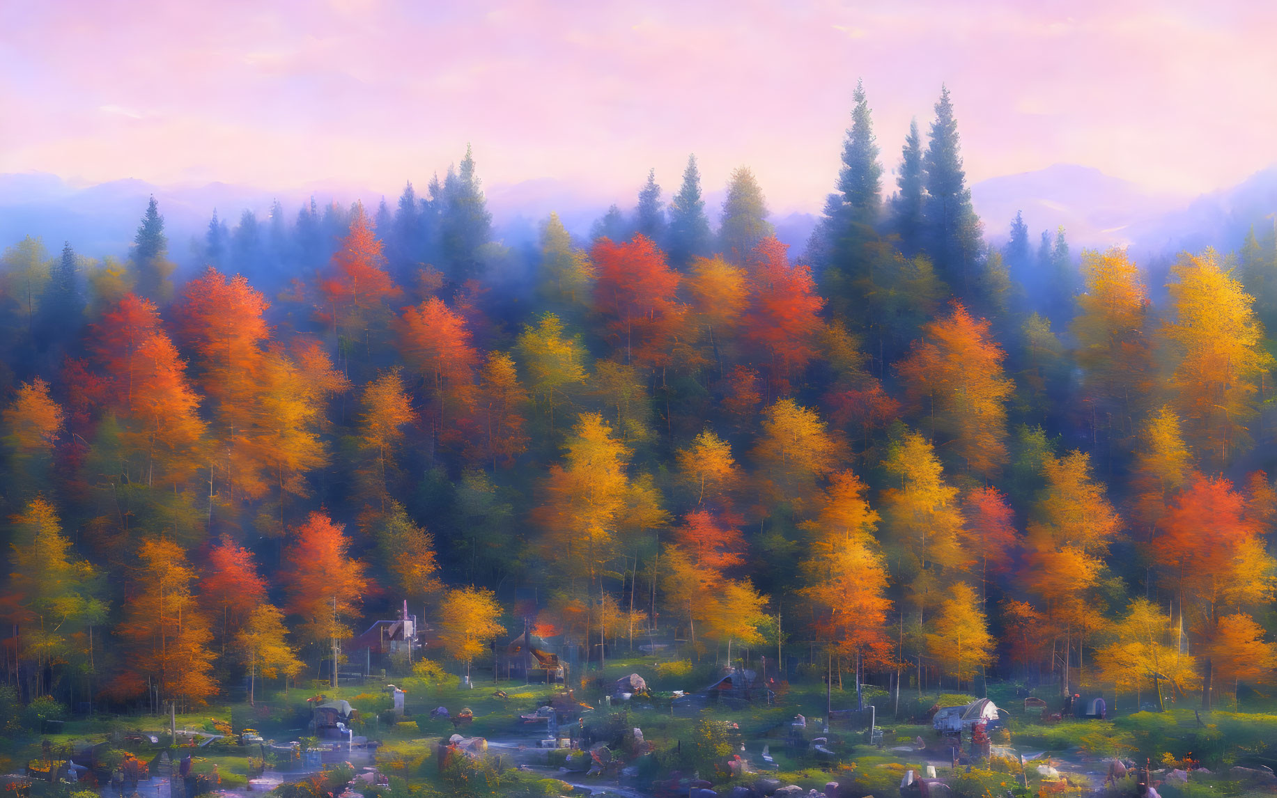 Vibrant autumn forest under a purple sky