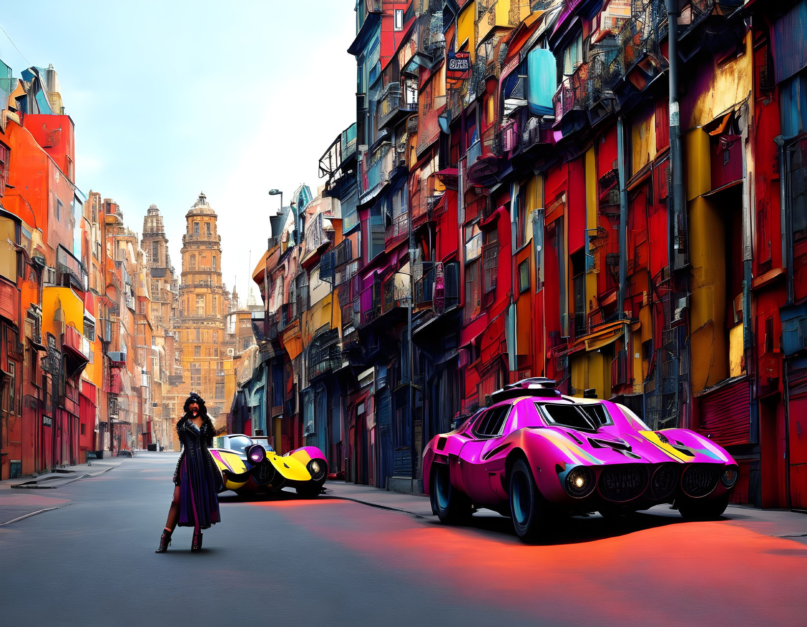 Colorful Street Scene with Futuristic Cars and Historic Tower