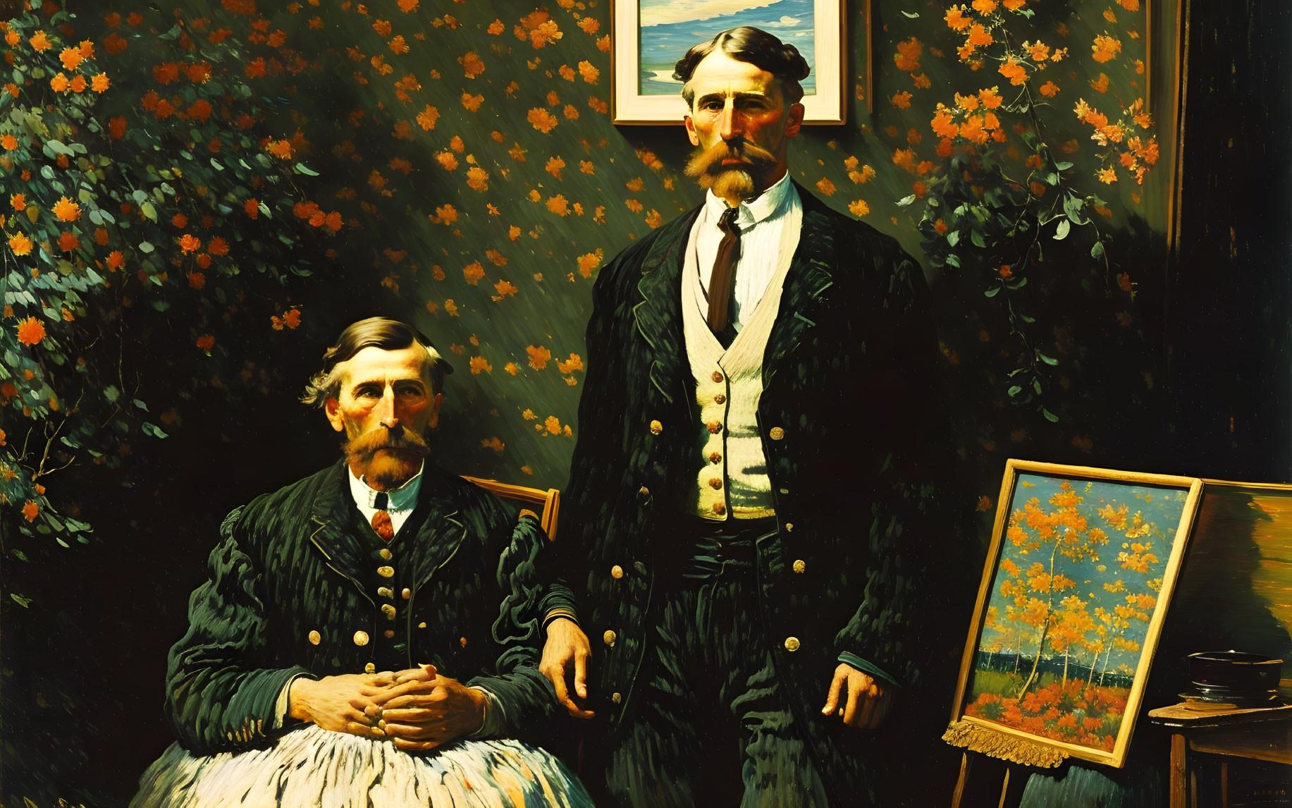 Two bearded men in vintage attire sitting in front of a floral backdrop with a small painting on an