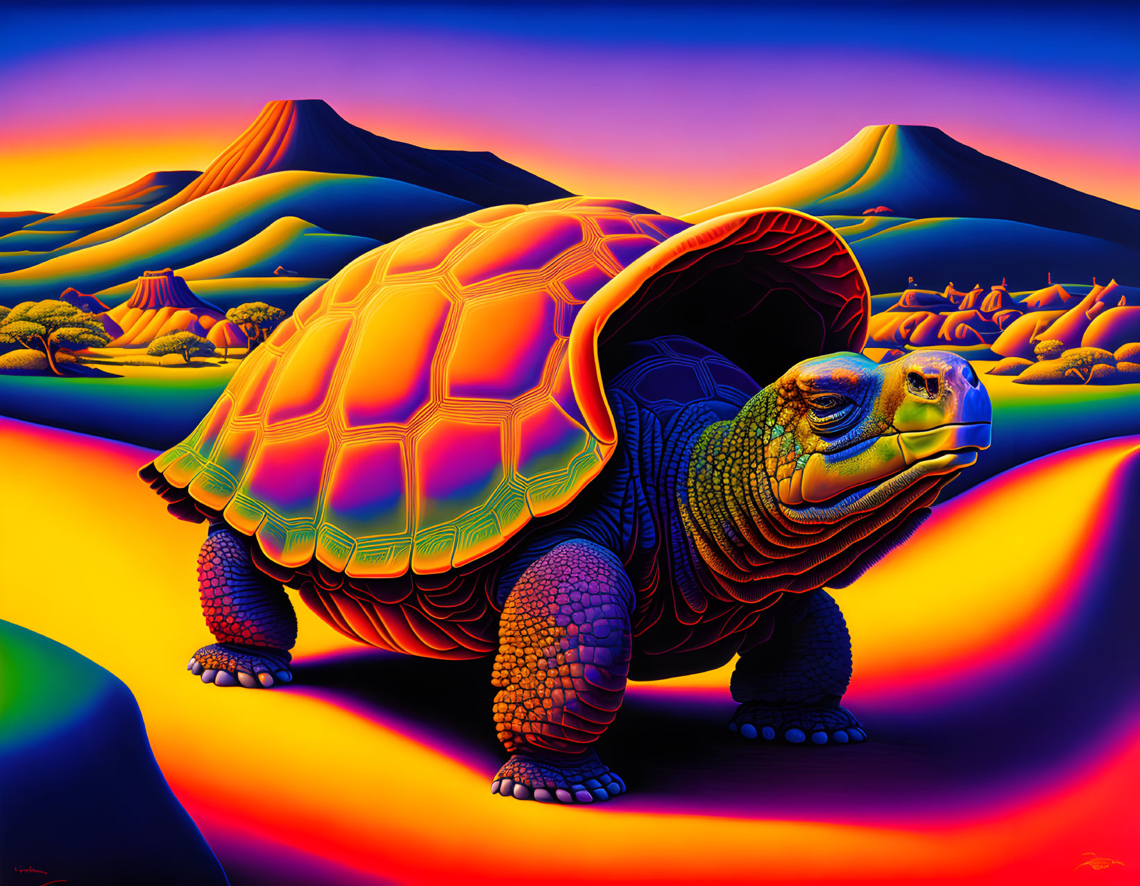 Colorful Tortoise Digital Artwork with Detailed Shell in Surreal Landscape